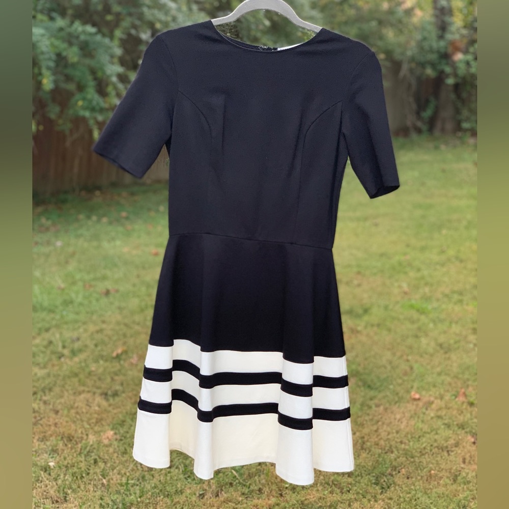 Necessary Objects Black & White Striped Hem Fit & Flare Midi Dress Zip Up Back